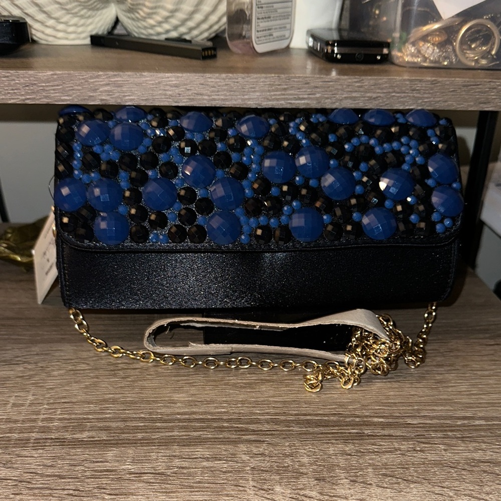 Sondra Roberts Black and Blue Beaded Clutch with Crossbody strap